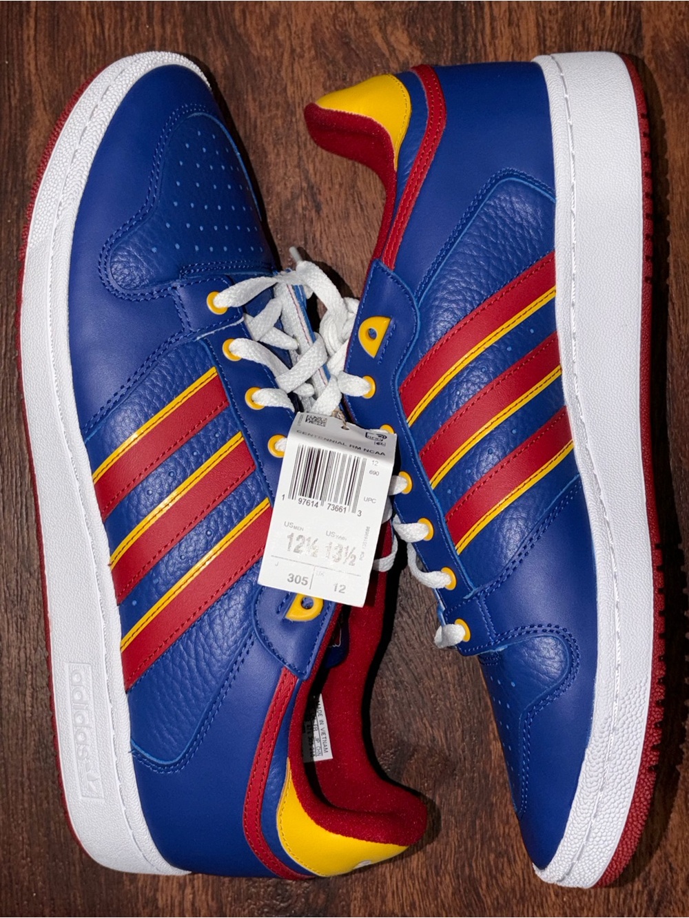 adidas size 12.5 Blue Leather Sneakers with Red & Yellow Stripes